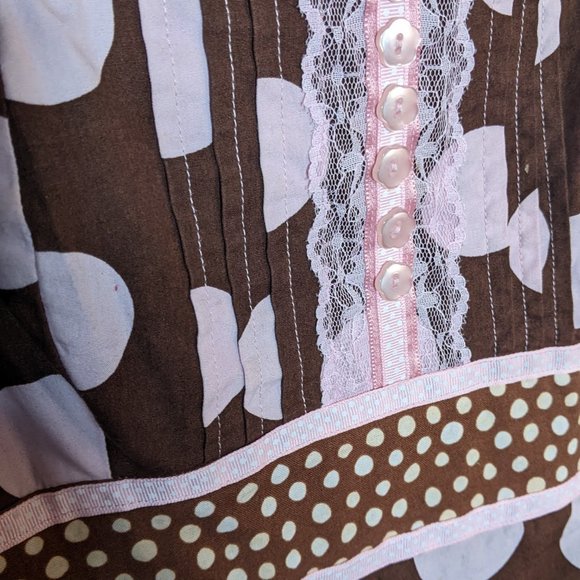 Super fun brown A-line dress w/ pale pink polka dots and trims - Picture 5 of 6